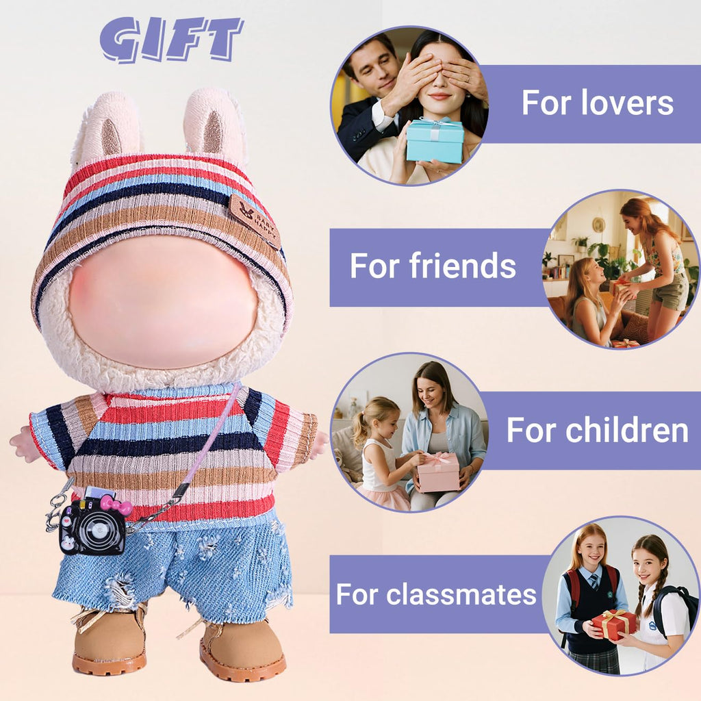 4-Piece Handcrafted 15cm/17cm Doll Clothes for Labubu (No Doll), Cute and Crochet Colorful Rainbow Outfits with Accessories, Hand Crocheted Hat, Sweaters, Blue Pants, Camera Bag for Girls Boys AK072