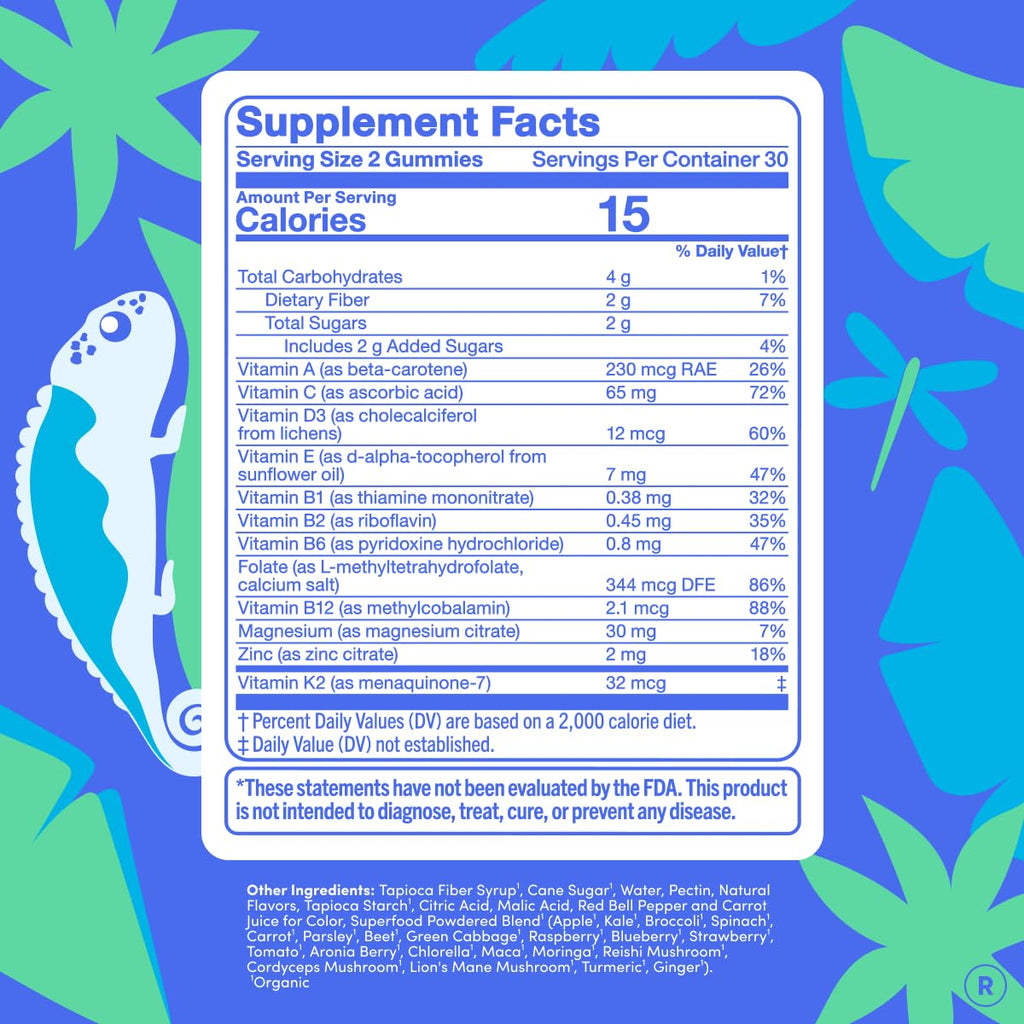 FIRST DAY Vitamins for Teens - Teen Multi Vitamins for Girls & Boys 12-17, Organic Fruit & Veggie Blend - 12 Key Nutrients: Vitamins A, B1, B2, B6, B9, B12, C, D3, E, K2-30 Day Supply