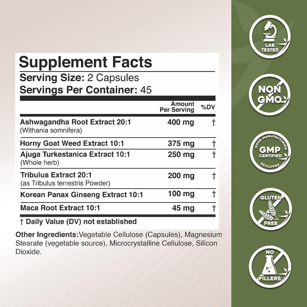 Gade Nutrition Ashwagandha with Maca Root, Horny Goat Weed, Turkesterone Supplement, Tribulus Terrestris, Panax Ginseng | 90 Vegetable Capsules for Energy, Stamina, Performance. | Made in USA