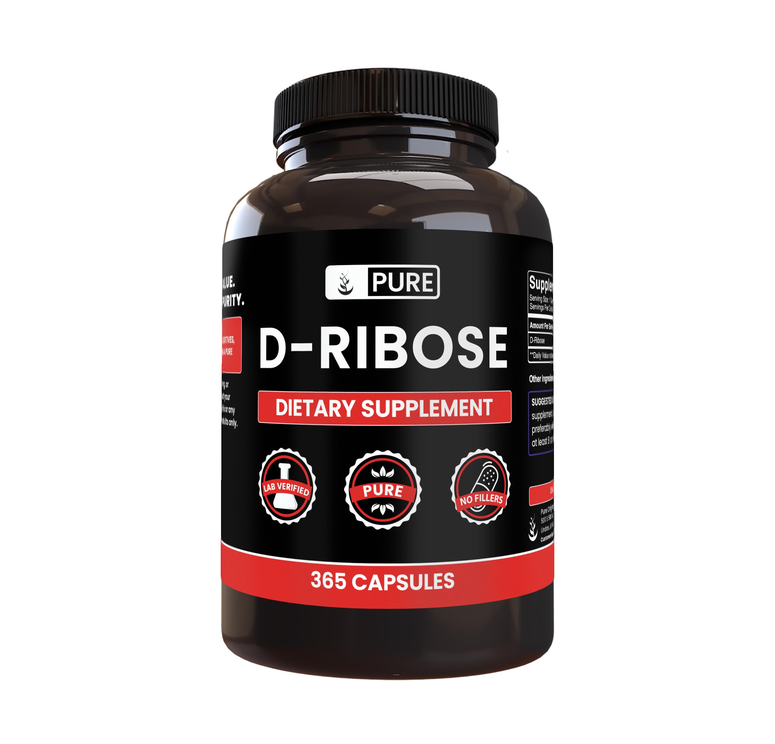 Pure Original Ingredients D-Ribose (365 Capsules) No Magnesium Or Rice Fillers, Always Pure, Lab Verified