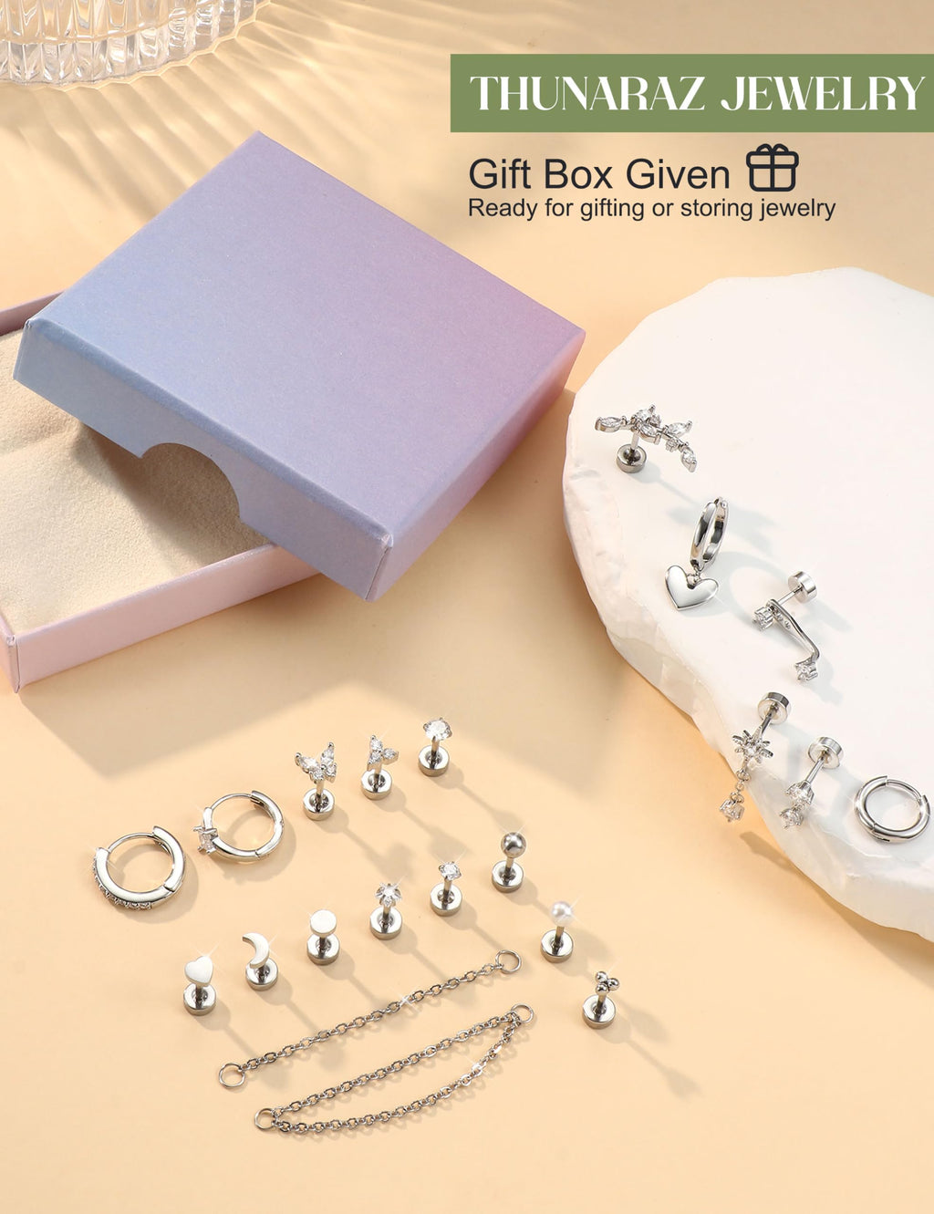 THUNARAZ 21Pcs Flat Back Earrings Stacks, Cartilage Helix Piercing Jewelry