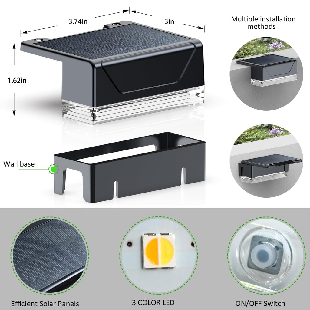 LIANGLOME Solar Fence Lights Outdoor - 3000/4000/6000K 3 Mode, IP65 Waterproof Solar Powered Fence Lights, Dusk to Dawn for Outside, Backyard/Step/Patio/Deck/Stair Railings and Wall (8 Pack)
