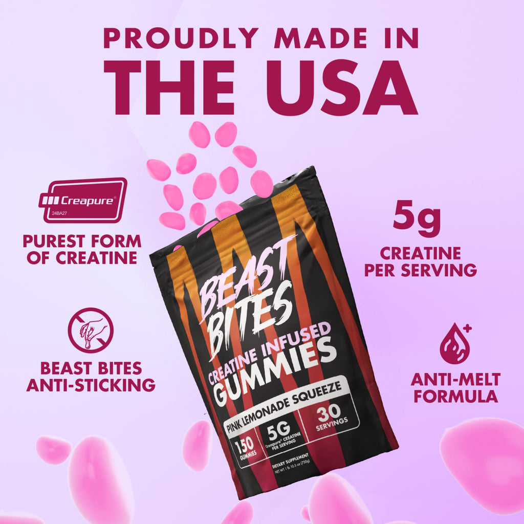 BEAST BITES - Creatine Infused Gummies - 5g Creapure Creatine Monohydrate Per Serving - NSF Certified for Sport - 30 Servings (Pink Lemonade)