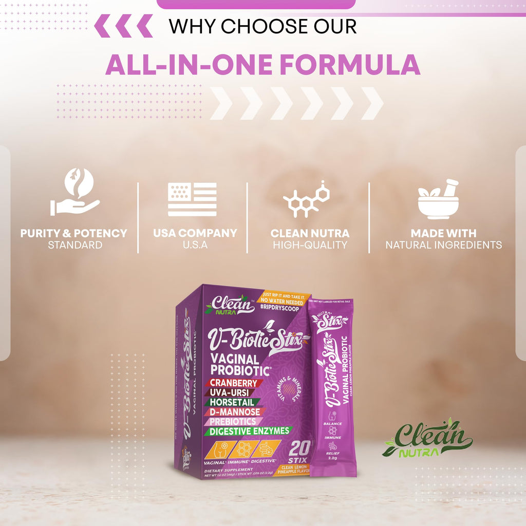 Clean Nutraceuticals Vaginal Probiotics for Women with Cranberry Extract, D-Mannose, Prebiotics, pH Balance for Women, Vaginal Health – Womens Probiotic Alternative to Gummies - 20 Stix