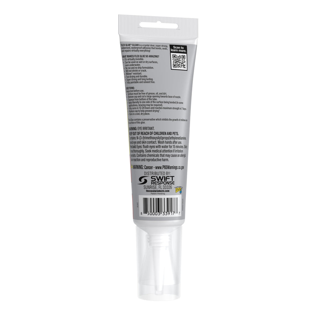 Flex Glue, Super Strong, Transparent, Rubberized Waterproof Adhesive, Works Underwater, Use on Pools, Showers, Outdoors, Concrete, Brick, Pavers, UV Resistant, 4 oz Squeeze Tube, Clear, 1-Pack