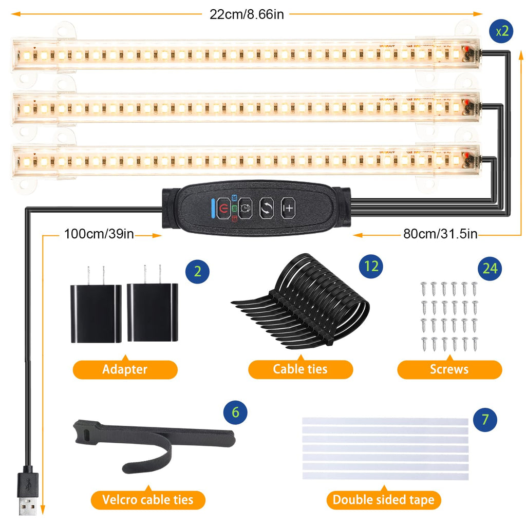 LED Grow Light Strips, Grow Lights for Indoor Plants Full Spectrum 3000K, Plant Light Bar with 3/9/12H Timer, 10 Dimmable Levels for Seedling Succulent,Best Match for Plant Shelf(3 Head×2 Pack)