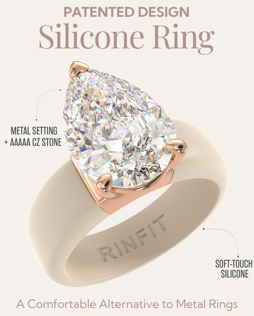 Rinfit Silicone Ring with Stone, Pear Cut CZ - Nude/RG, Size 7