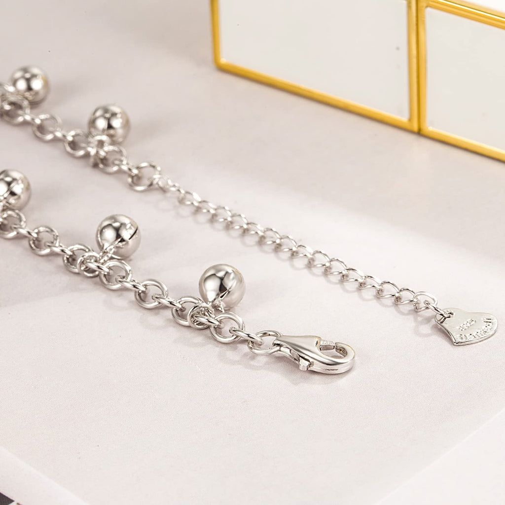 Delicate Women 925 Sterling Silver Ankle Bracelets Cute Bell Chain Beach Anklet Bracelet Boho Adjustable Size Jewelry Gift for her (Anklet, Adjustable Size)