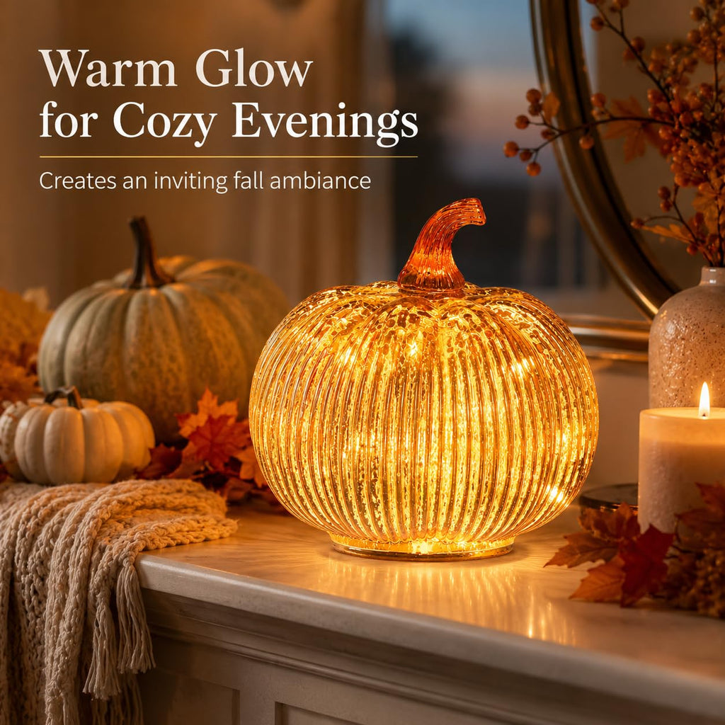 Gold Mercury Glass Pumpkin Light with 2 Lighting Modes and 6-Hour Timer, 5.5 x 6 Inch Battery Operated Fall Decor for Thanksgiving and Christmas Table Centerpiece