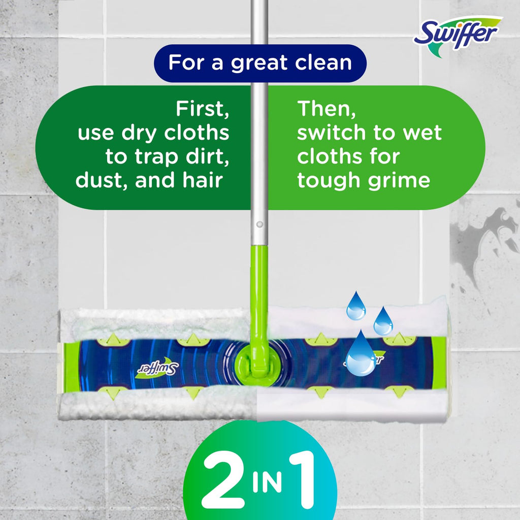 Swiffer Sweep + Mop XL, Broom & Mop Alternative, Floor Cleaner for Dirt, Dust, Hair, All Purpose Cleaning Tool for Home, Bathroom, Kitchen, Set Includes 1 XL Sweeper 8 XL Dry Pads 2 XL Wet Pads Fresh