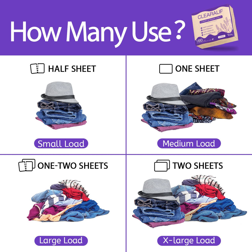 Laundry Detergent Sheets (160 Sheets), Lavender,Up to 320 Loads - Great For Travel,Apartments, Dorms,CLEARALIF Laundry Detergent Strips Eco Friendly & Hypoallergenic (80 Count, Pack of 2)