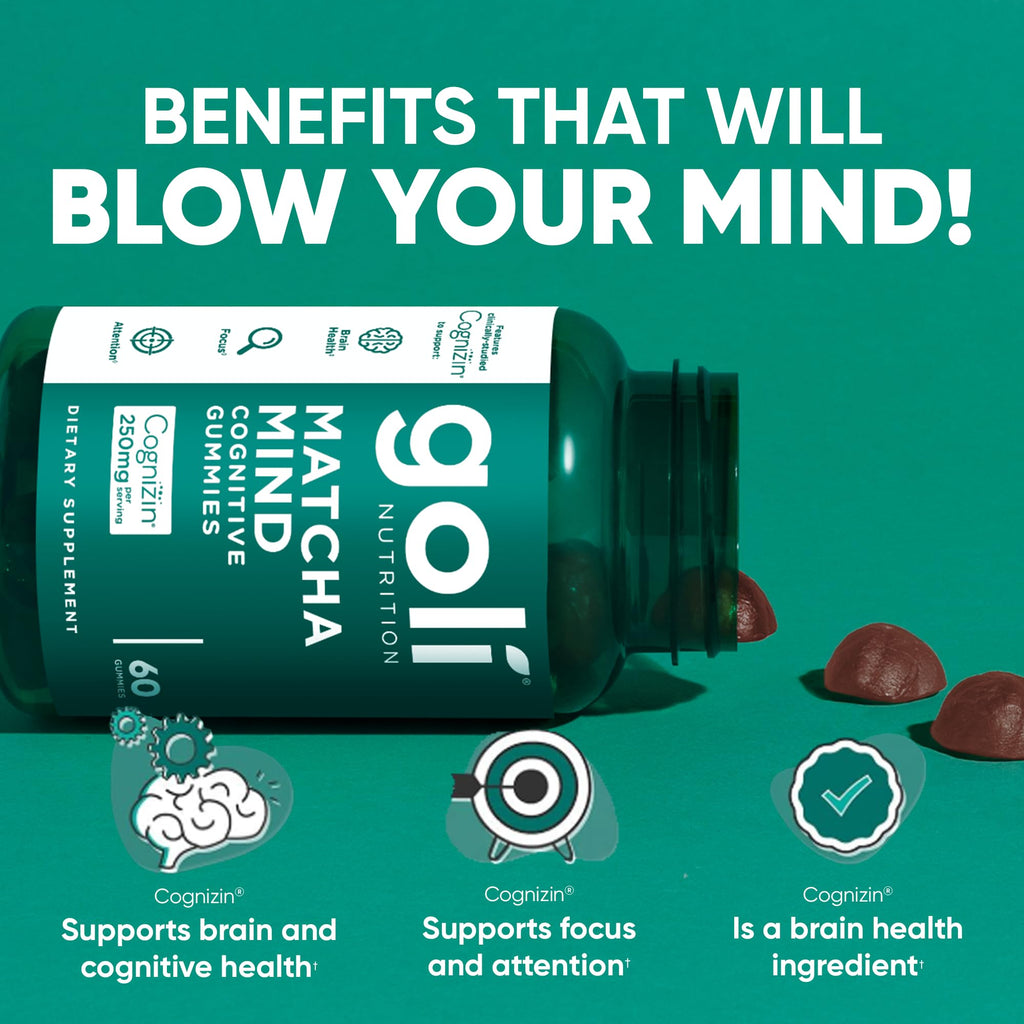 Goli Matcha Mind Gummies - 180 Count - Green Tea Leaves Powder with Cognizin for Focus, Attention and Brain Health, Vegan, Non-GMO, Gluten-Free & Gelatin Free.