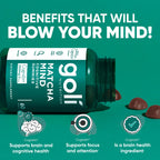 Goli Matcha Mind Gummies - 180 Count - Green Tea Leaves Powder with Cognizin for Focus, Attention and Brain Health, Vegan, Non-GMO, Gluten-Free & Gelatin Free.