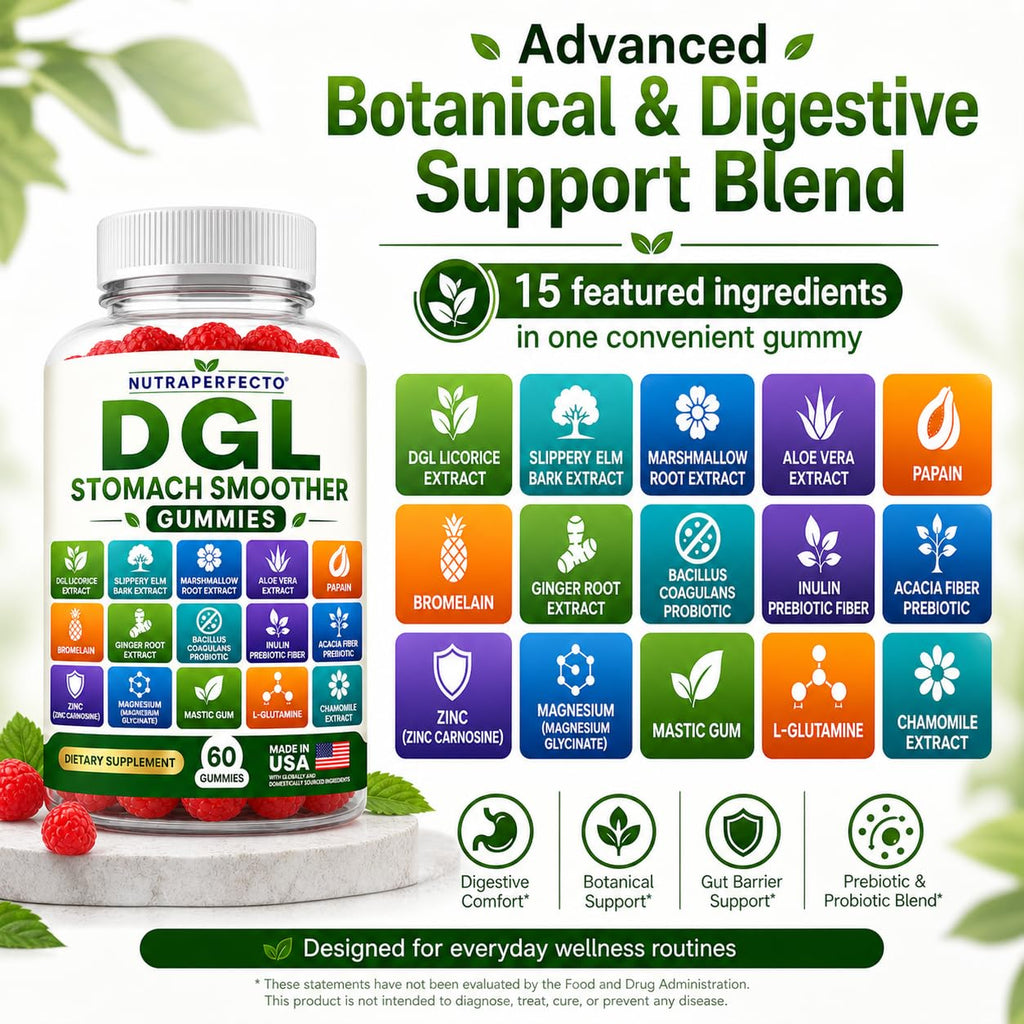 Sugar Free DGL Stomach Smoother Gummies with DGL Licorice, Slippery Elm, Marshmallow Root, Aloe Vera, Probiotic & Prebiotic Fiber, Ginger, Mastic Gum, L-Glutamine, Zinc Carnosine, Digestive Support