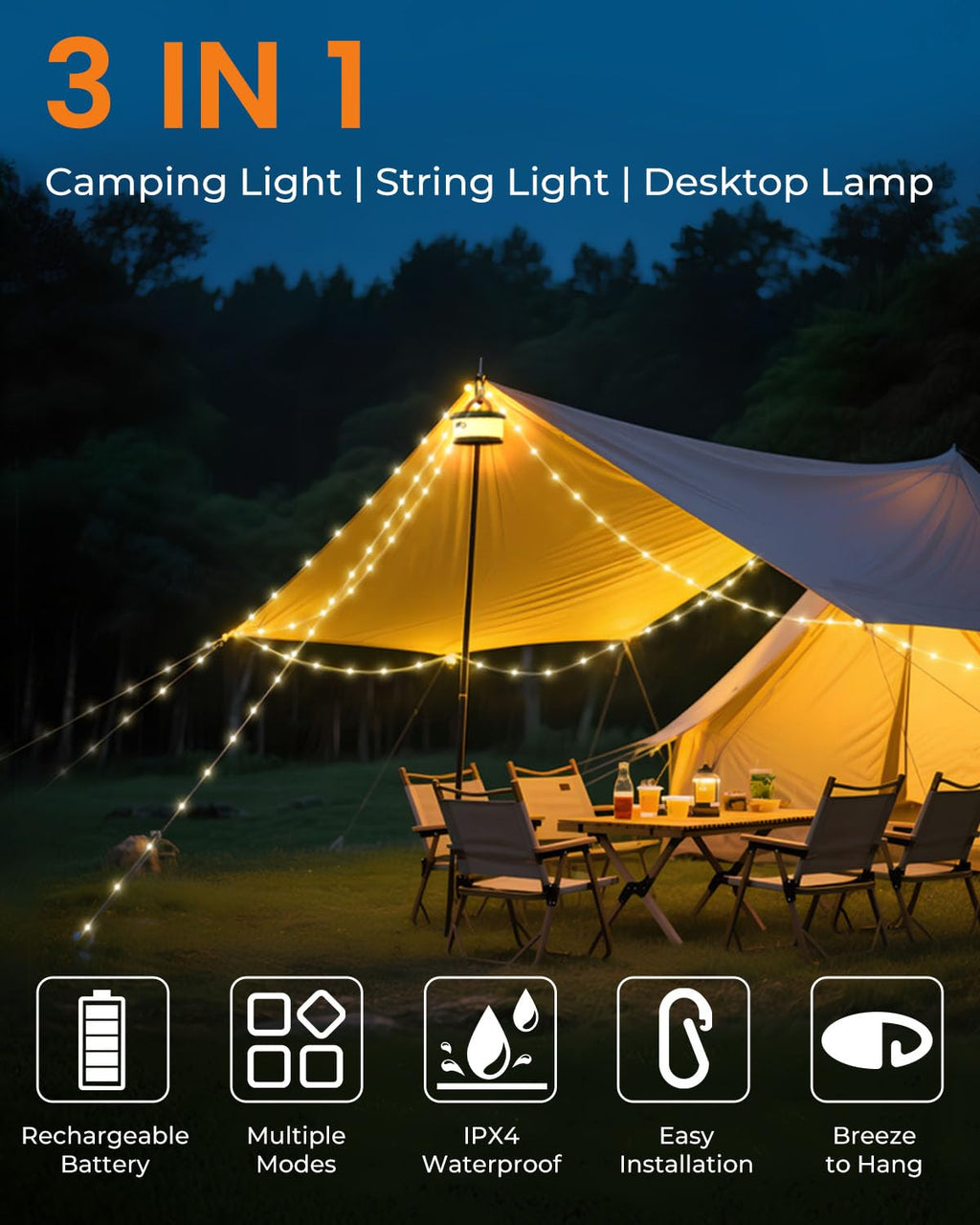 Bylitodt Camping String Lights, Retractable 32.8ft RGB Flash Lamp, Rechargeable Fairy LED Rope Lights Outdoor Waterproof, Portable Hanging Lantern for Outside Tent Patio Awning Garden RV Essentials