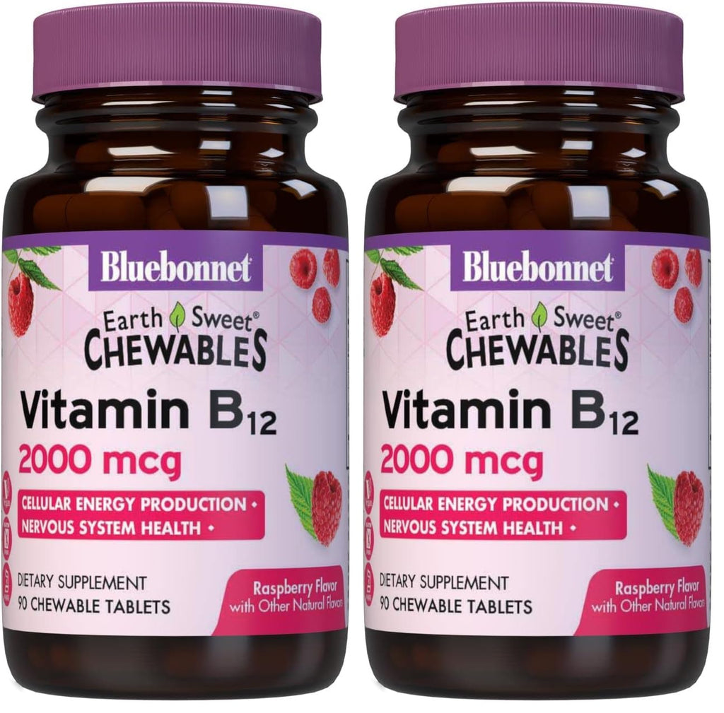 BlueBonnet Nutrition Earth Sweet Vitamin B12 2000 mcg Chewable Tablets, Soy-Free, Gluten-Free, Kosher Certified, Dairy-Free, Vegan, Raspberry Flavored, 90 Chewable Tablets, 90 Servings (Pack of 2)