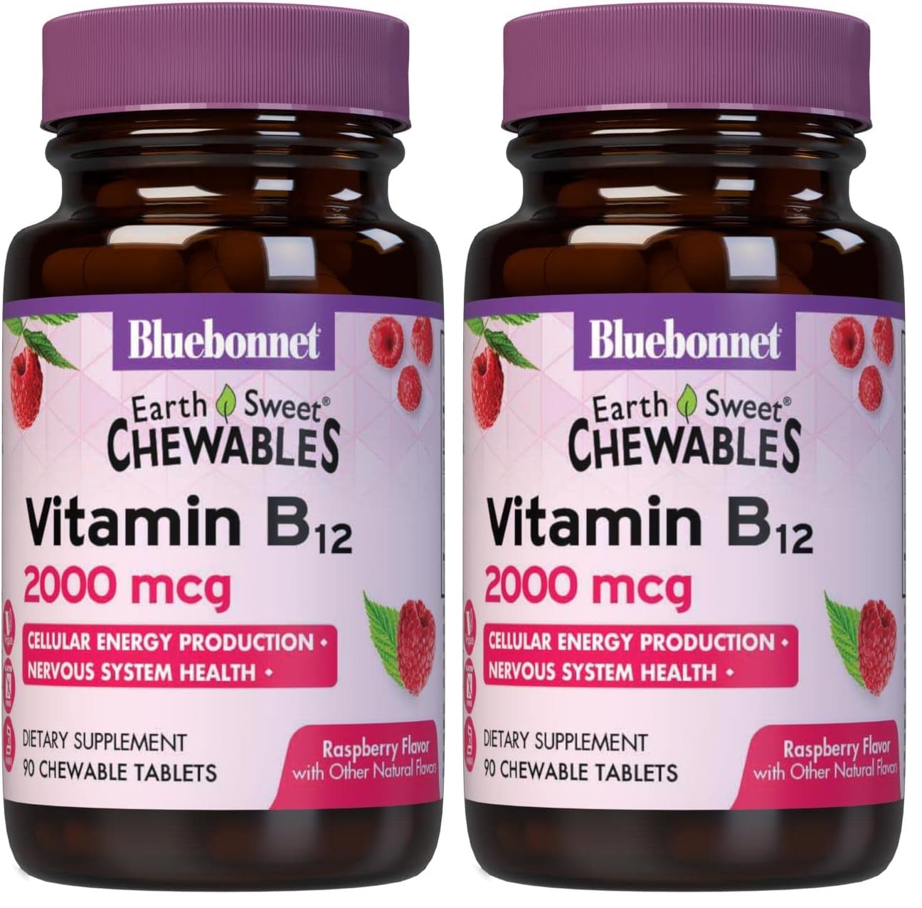 BlueBonnet Nutrition Earth Sweet Vitamin B12 2000 mcg Chewable Tablets, Soy-Free, Gluten-Free, Kosher Certified, Dairy-Free, Vegan, Raspberry Flavored, 90 Chewable Tablets, 90 Servings (Pack of 2)