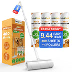 Large Floor Lint Roller with Extendable Long Handle, 9.45" Extra Wide Sticky Roller, 400 Sheets with 3 Refills, Heavy Duty Pet Hair Remover for Floor, Carpet, Couch & Hard-to-Reach Areas