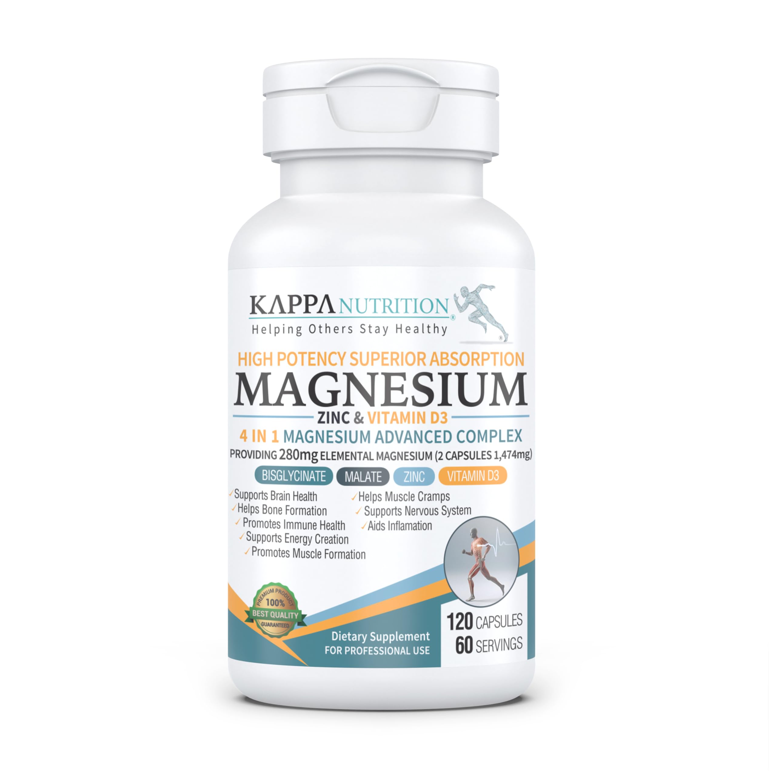Kappa Nutrition Magnesium 4-in-1, 280mg Elemental Magnesium (Bisglycinate, Malate) + Zinc & Vitamin D3, Brain, Sleep, Energy, Muscle, Immune Support, 120 Vegan Capsules.