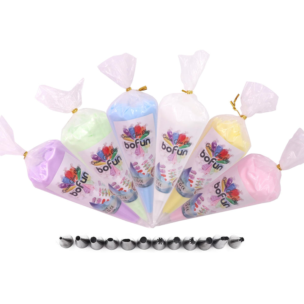 BoFUN 6-Pack Whipped Cream Glue Clay Set with 60+ Resin Charms - DIY Phone Cases Kit Craft for Jewelry, Mirrors & Scrapbooking - Cartoon Slime Charms with Piping Tips (Brown-Yellow)