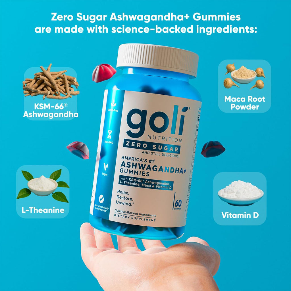 Goli Zero Sugar Trio - World's First 3-in-1 Pre, Post, Probiotic, Apple Cider Vinegar with Vitamin B12 and Probiotics, Ashwagandha & L-Theanine, Vitamin D Gummies