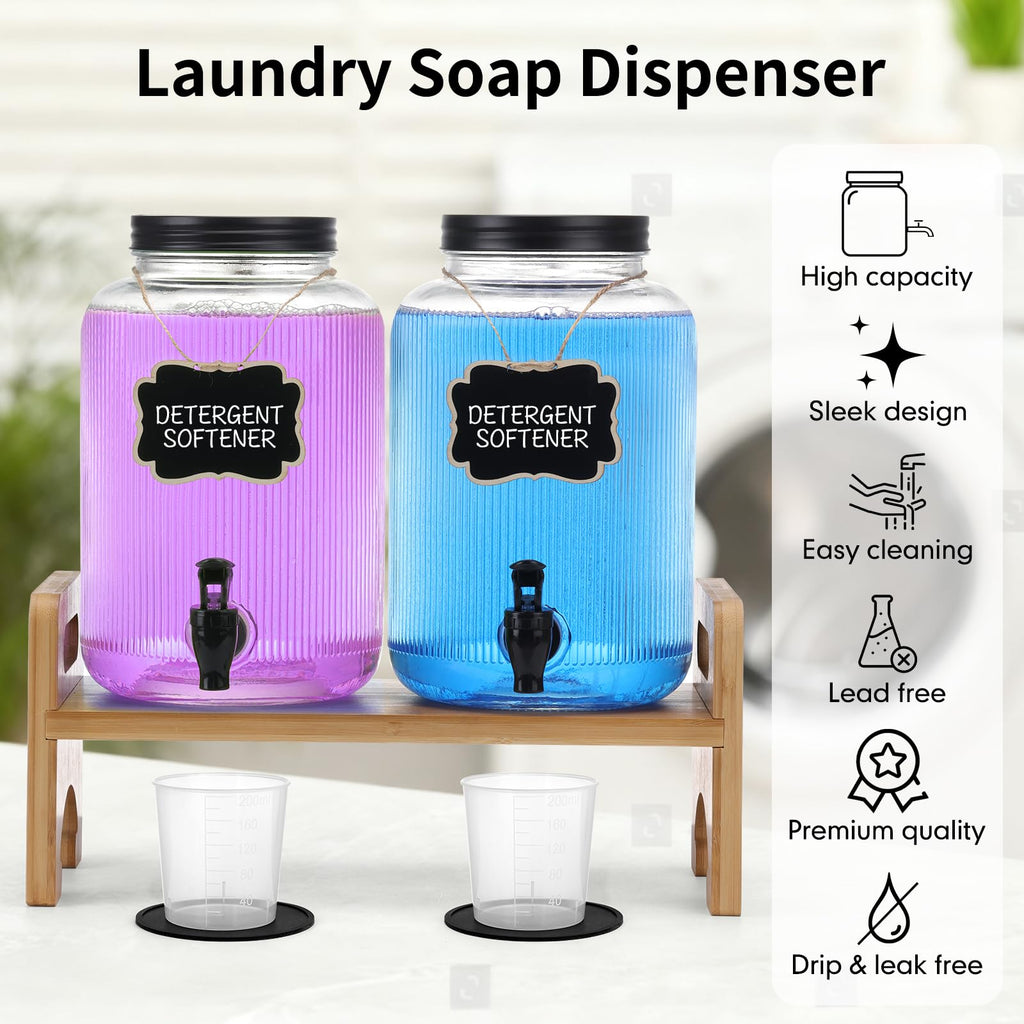 2-Pack Laundry Detergent Dispenser with Bamboo Stand，1 Gallon Laundry Soap Dispenser with Measuring Cup，Glass Laundry Detergent Containr for Laundry Room Organization and Storage