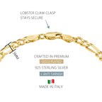 KISPER Gold Figaro Chain Bracelet for Men 5mm Plated 925 Sterling Silver