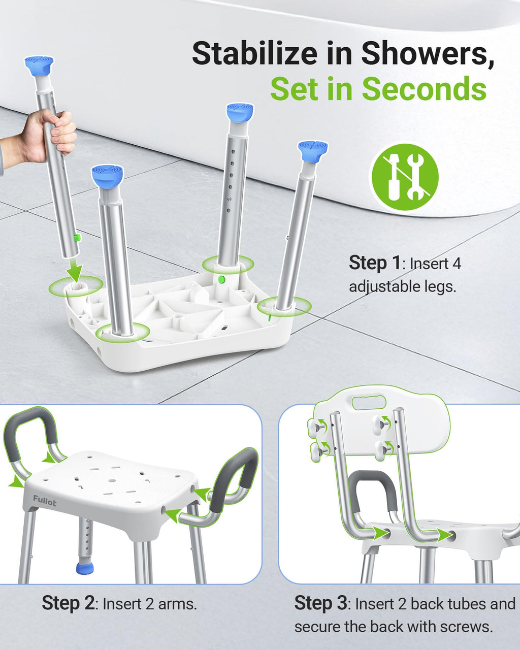 Widened Shower Chair for Inside Shower with Back & Arms,400 lbs Heavy Duty & Adjustable Shower Chair for Elderly and Disabled, Non-Slip Shower Seat, Tub Bath Chair, Tool-Free