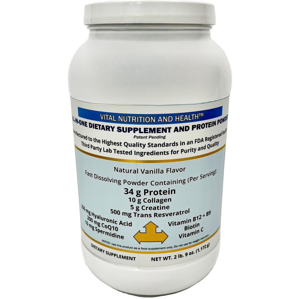 Vital Nutrition and Health All-in-One Powder: Protein, Collagen, Creatine, Resveratrol, Spermidine, Hyaluronic Acid, CoQ10 + Key Vitamins