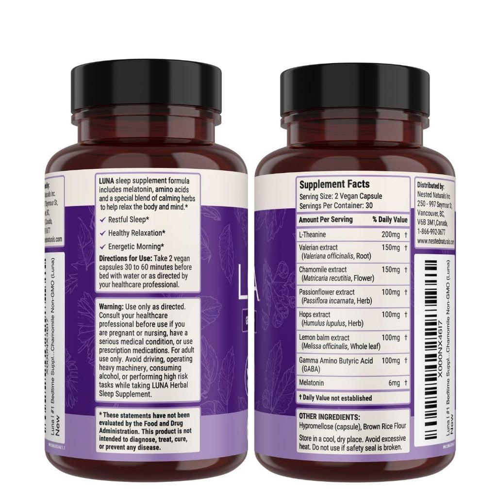 Nested Naturals Luna Sleep Aid - Non-Habit Forming Natural Sleeping Pills for Adults with Naturally Sourced Ingredients - Valerian Root, Melatonin, Chamomile, Lemon Balm, and More - 120 Vegan Capsules