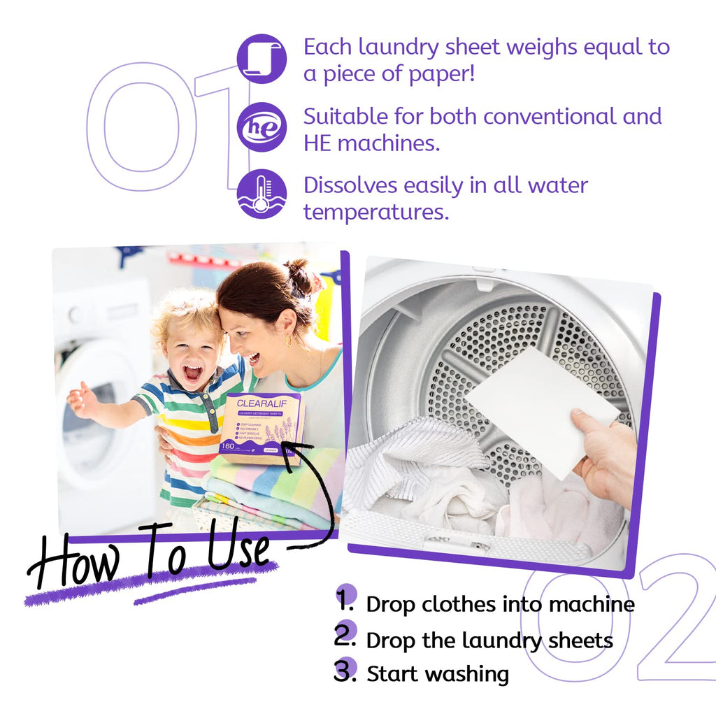 Laundry Detergent Sheets (160 Sheets), Lavender,Up to 320 Loads - Great For Travel,Apartments, Dorms,CLEARALIF Laundry Detergent Strips Eco Friendly & Hypoallergenic (80 Count, Pack of 2)