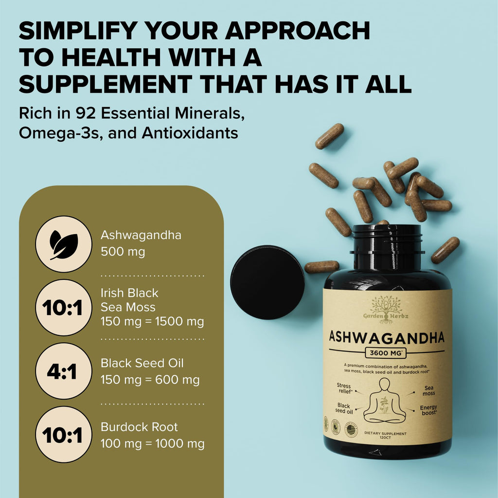 Garden of Herbz Organic Ashwagandha Root & Irish Sea Moss – 3,600 mg Ashwagandha Supplement with Black Seed Oil, & Burdock Root – Herbal Supplement for Energy, Calm, Mood, & Wellness, 120 Caps