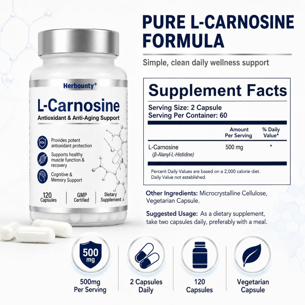 Herbounty L-Carnosine Supplement 500mg, 120 Capsules Vitality Support