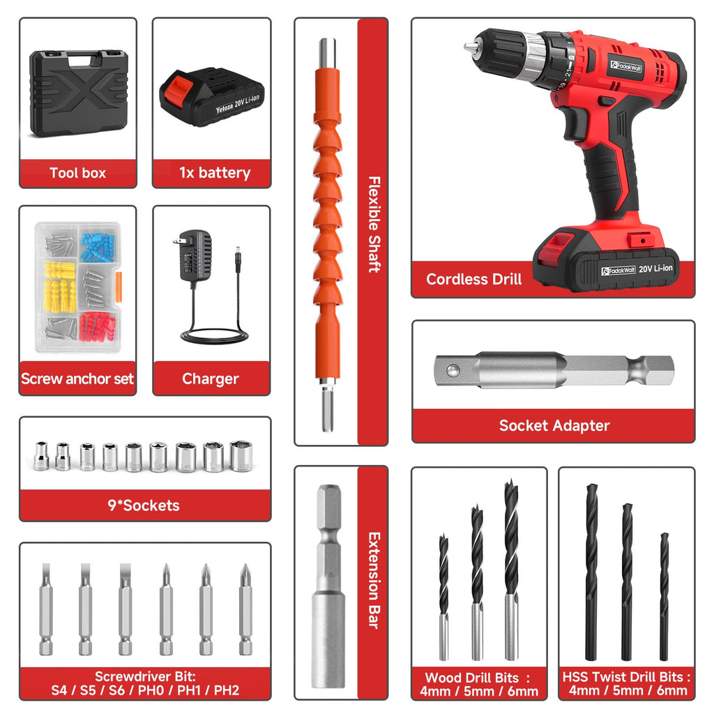 FADAKWALT Cordless Drill Set, 20V Electric Power Drill With Battery And Charger, 30N Torque, 21+1 Settings, 3/8-Inch Keyless Chuck, Driver Bits Kit, LED Light (Red）