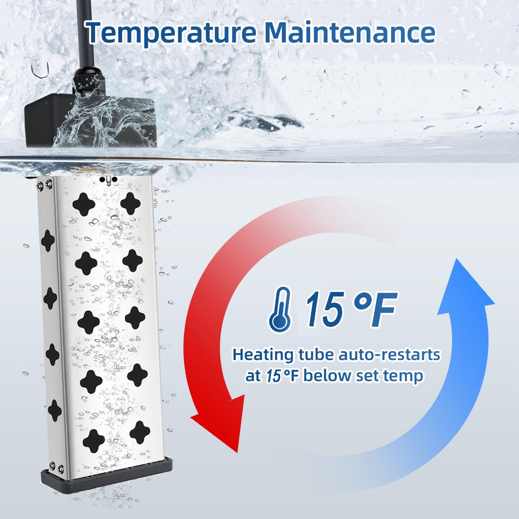 Immersion Water Heater 1800W 120V with Digital Thermostat Control, Dry Burn Protection Alarm, Real-Time Temperature Display, 14AWG Heavy-Duty Cord, Industrial Heating Tube for Buckets & Bathtubs