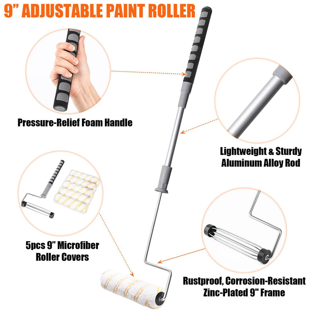 PinStone 6pcs House Paint Roller Kit, 9 inch Extendable Roller Frame with 5 Microfiber Roller Covers 1/2" Nap, Adjustable Painting Roller (18" - 36") for Walls, Ceilings, Floor, Home Painting Supplies