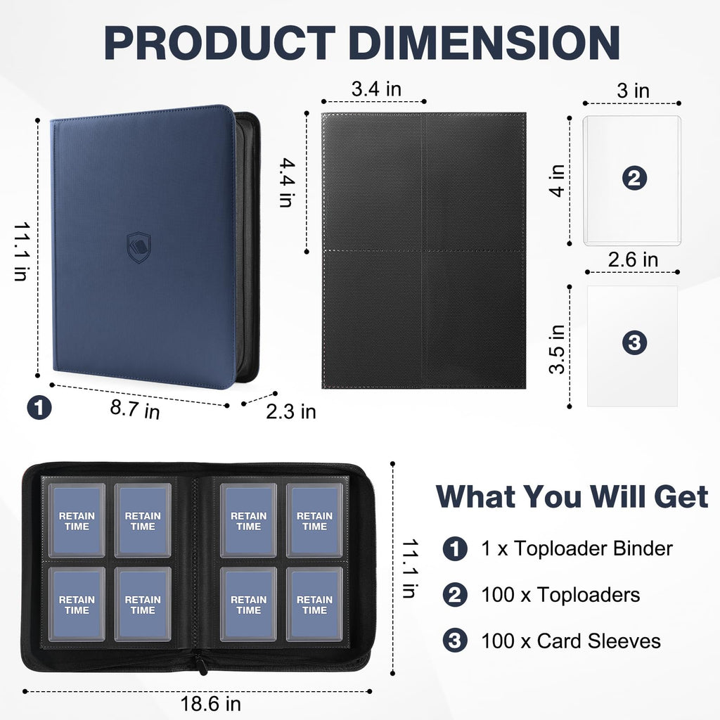 Toploader Binder, Holds 160 Toploaders, 100 Toploaders Included, 4-Pocket PU Cover Top Loader Binder for 3" x 4" Rigid Toploaders, Ringless Double-Sided Toploader Card Binder for TCG, Sport Cards