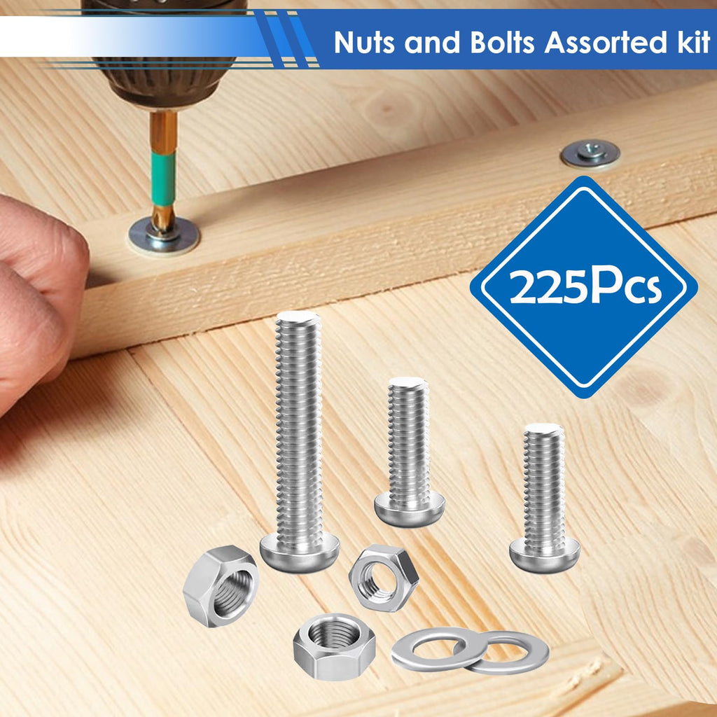 smseace 225Pcs Silver Nuts and Bolts Assortment Kit 12-Sizes M4/M5/M6 Nut Bolt Washer Assortment Kit for Machinery, Furniture, Automotive, Motorcycle Repairs