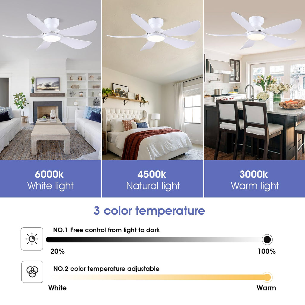 Kviflon 46 Inch Modern Ceiling Fans with Lights, Flush Mount Ceiling Fan with Light and Remote/APP Control, 5 Reversible 6 Speeds Curved Blades, 3 CCT Dimmable Lights for Bedroom, White