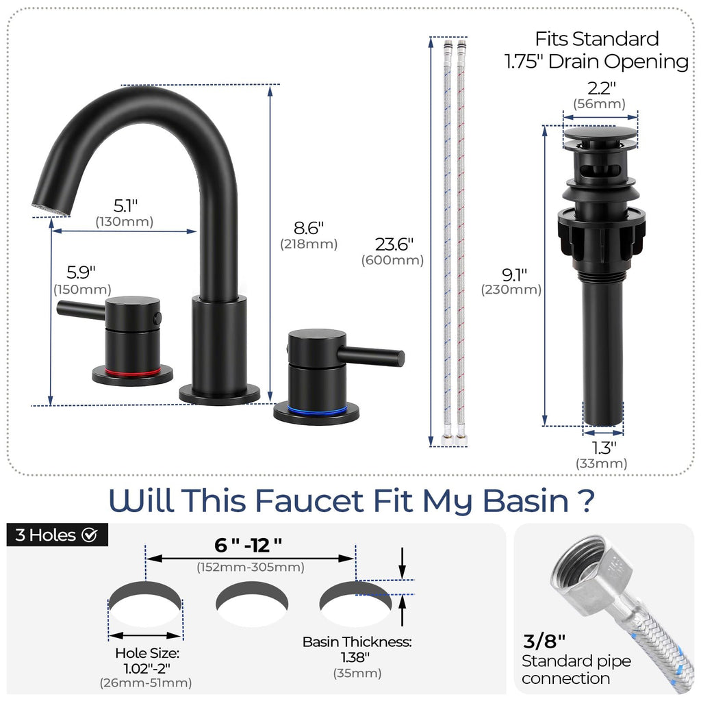 IUERASD Bathroom Faucet 3 Hole, Matte Black Bathroom Sink Faucet with Pop Up Drain, 8 inch Widespread Bathroom Faucet with 360° Swivel Spout, 2 Handle Vanity Faucet with Water Supply Hoses