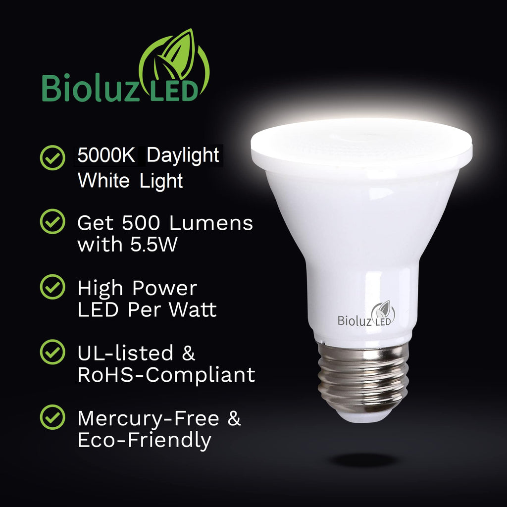 Bioluz LED PAR20 5000K Daylight LED Bulbs, 90 CRI, Dimmable LED Light Bulb, 5.5W = 75W Replacement, E26 Standard Base, 40° Beam Angle, UL Listed, Dimmable Light Bulbs, Incandescent Light Bulbs, 10Pk