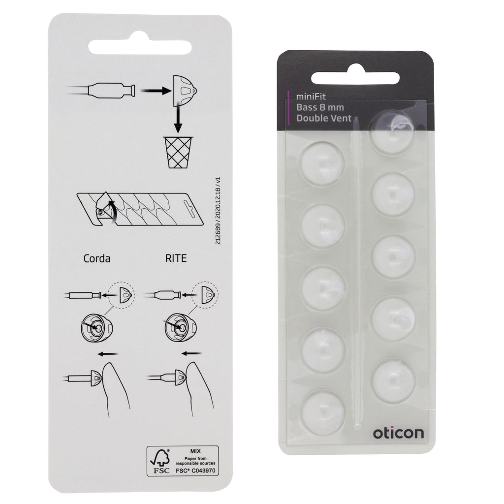 Genuine Oticon Hearing Aid Domes MiniFit Double Vent Bass 8mm (0.31 inches - Medium), Oticon Branded OEM Denmark Replacements, Authentic Accessories for Optimal Performance -1 Pack/10 Domes Total