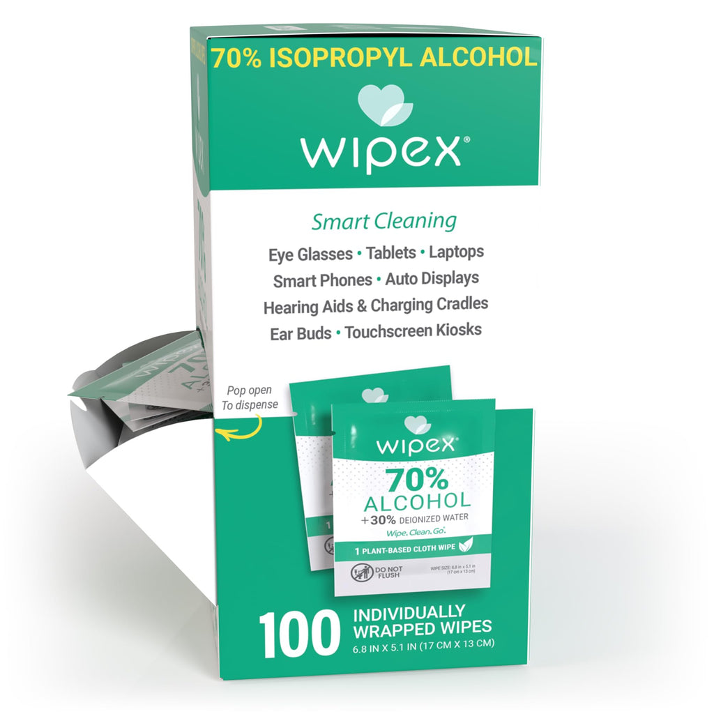 Wipex 70% Isopropyl Alcohol Wipes - Individually Wrapped Sachets, Electronic & Tech Wipes in Dispensing Box, 100 Count (Pack of 1)
