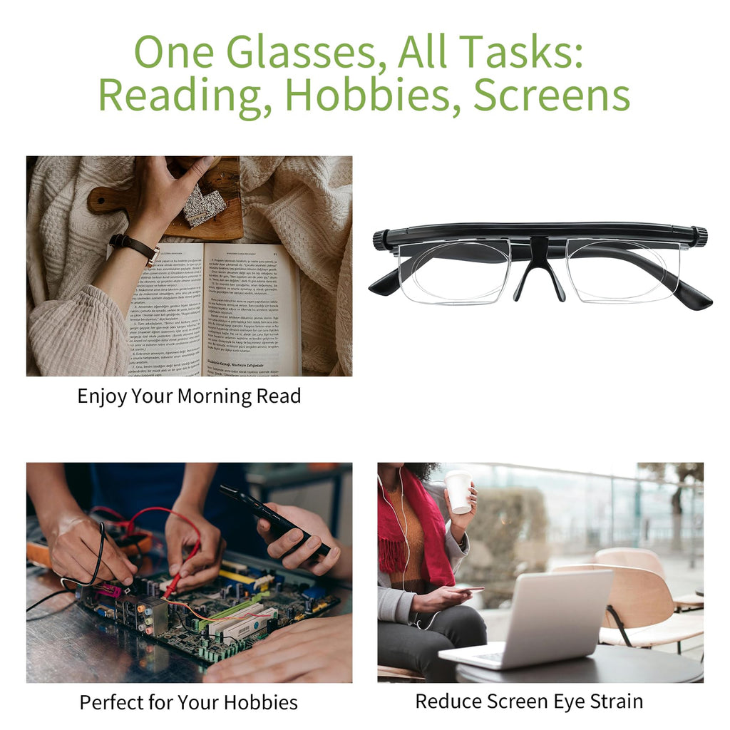 Ouolipraa Flex Focal Adjustable Glasses Dial Vision Reading Glasses Zoom Eyeglasses for Men Women One Power Auto Focus 0D to 400D Presbyopic Readers Variable Focus Eyewear Read Distance Near Far Sight