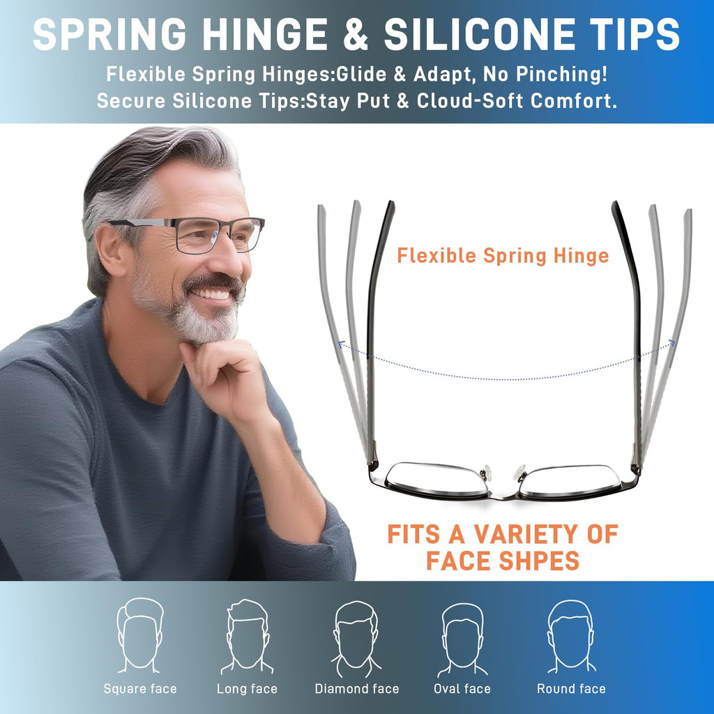 ZERPEET 2 Pack Men's Progressive Multifocal Reading Glasses,Rectangle Metal Frame with Spring Hinge Silicone Temple Blue Light Blocking Lenses Computer Readers Anti Eyestrain,2.5x