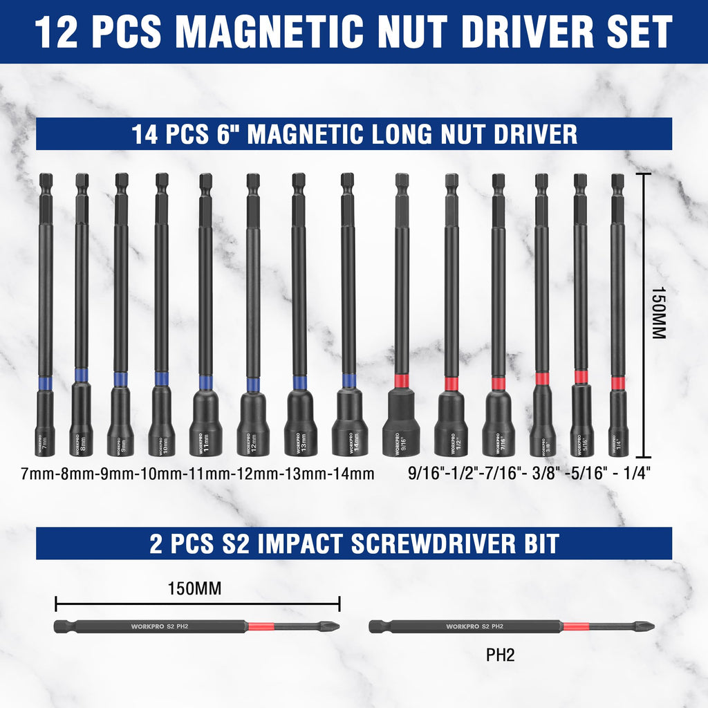 WORKPRO 16-Piece Magnetic Nut Driver Set and Bit, 6" Long Nut Drivers, Metric & SAE Nut Drivers for Impact Drill, Long Shank Nut Driver Bits, 1/4"Hex Shank, Long Power Bits, PH2, with Sturdy Tool Box