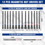 WORKPRO 16-Piece Magnetic Nut Driver Set and Bit, 6" Long Nut Drivers, Metric & SAE Nut Drivers for Impact Drill, Long Shank Nut Driver Bits, 1/4"Hex Shank, Long Power Bits, PH2, with Sturdy Tool Box