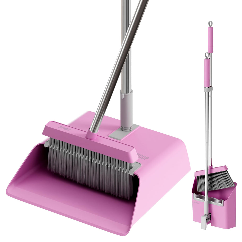 JOYMOOP Pink Broom and Dustpan Set with 56” Handle, Upright Angle with Built-in Comb Teeth for Hardwood Floors and Pet Hair