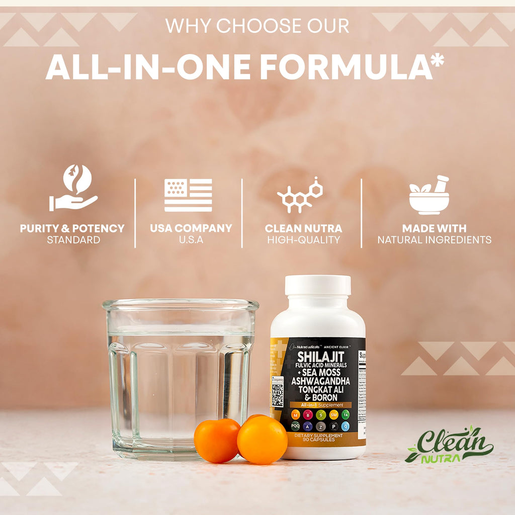 Clean Nutraceuticals Shilajit Supplement for Men with Sea Moss, Tongkat Ali, Ashwagandha, Boron, Zinc, CoQ10, PQQ - Fulvic Acid Capsules - Energy Support - 90 Count - Resin, Gummy & Powder Alternative