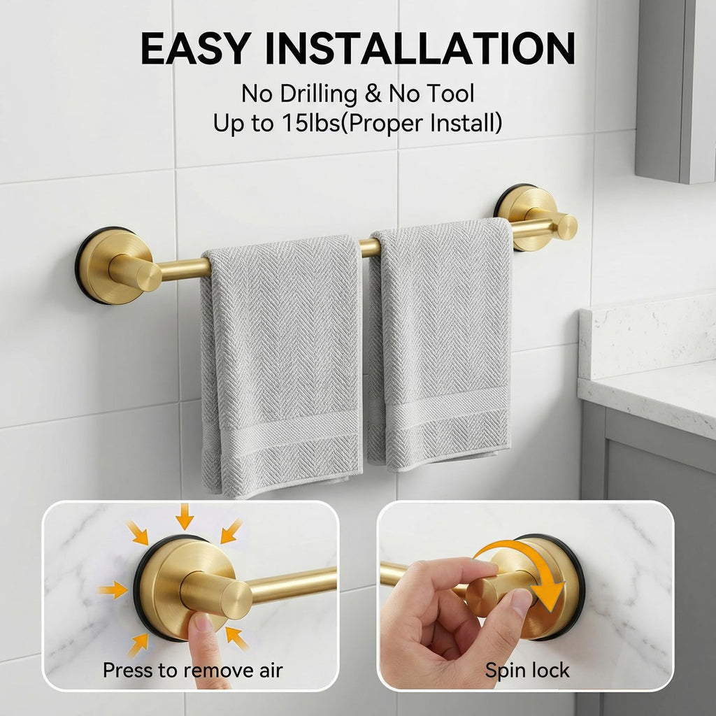 Dovyn Stainless Steel Suction Cup Towel Bar, Adjustable Towel Racks for Bathroom (14.6-24 Inch) - Bathroom Towel Holder Wall Mounted for Glass Shower Door & Wall (Brushed Gold)